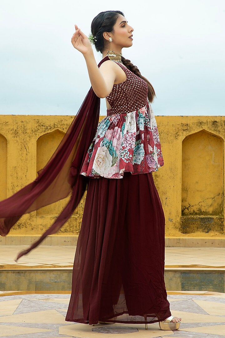 Maroon Georgette Sharara Set For Girls by Mei & Zu at Pernia's Pop Up Shop