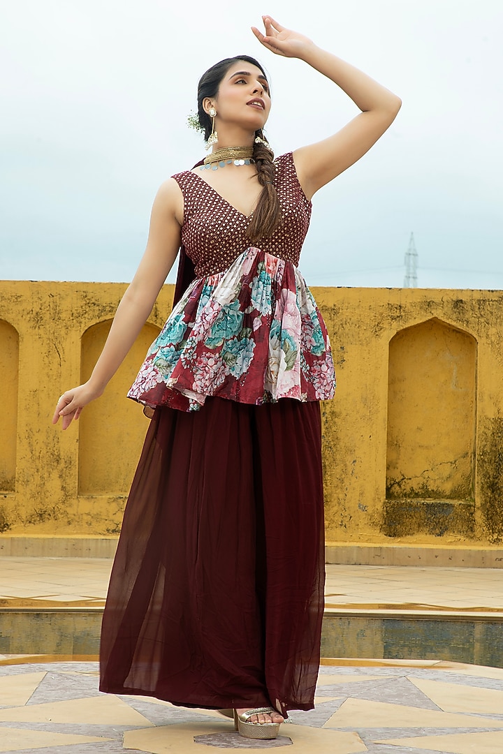 Maroon Georgette Sharara Set For Girls by Mei & Zu at Pernia's Pop Up Shop