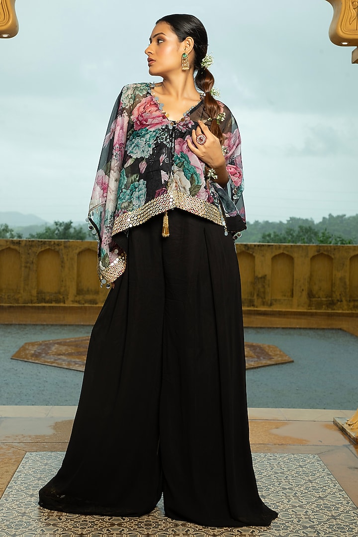 Black Georgette Jumpsuit With Floral Printed Cape For Girls by Mei & Zu at Pernia's Pop Up Shop