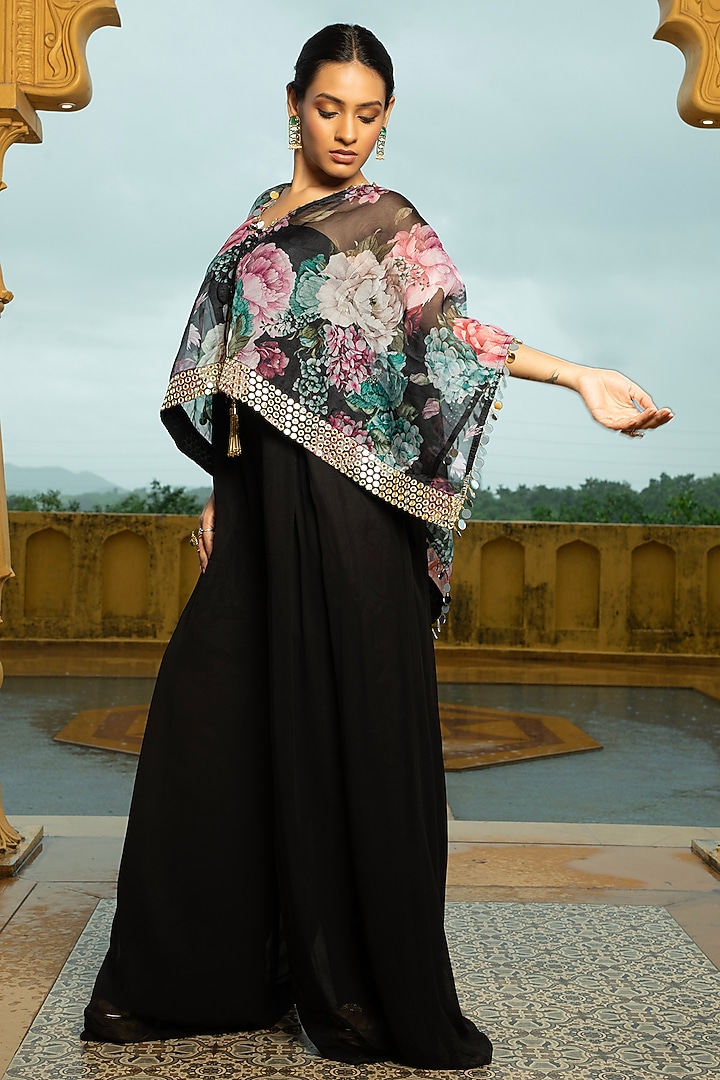 Black Georgette Jumpsuit With Floral Printed Cape For Girls by Mei & Zu at Pernia's Pop Up Shop