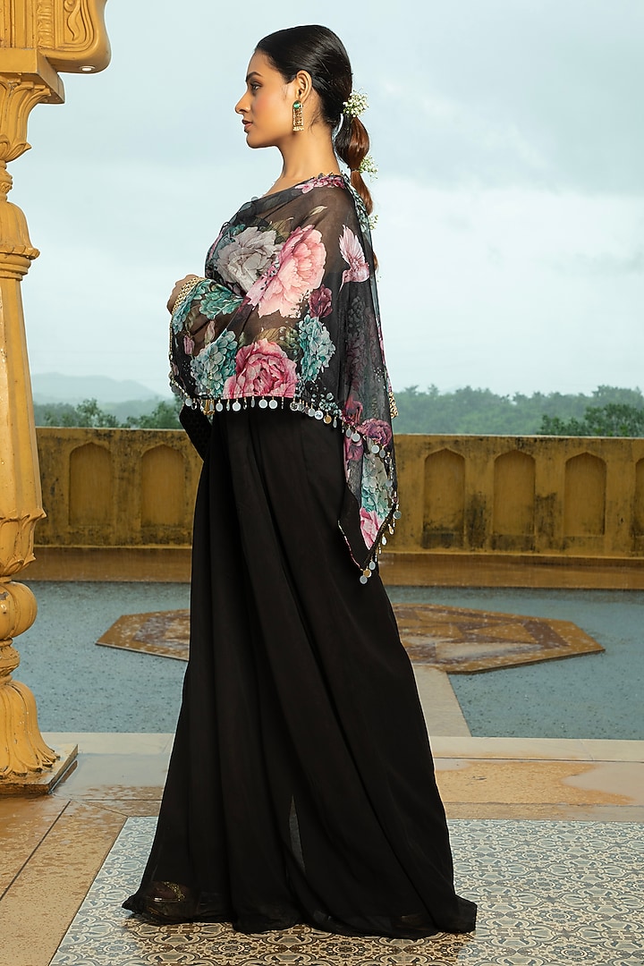 Black Georgette Jumpsuit With Floral Printed Cape For Girls by Mei & Zu at Pernia's Pop Up Shop