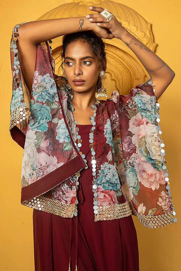 Maroon Georgette Jumpsuit With Floral Printed Cape For Girls by Mei & Zu at Pernia's Pop Up Shop