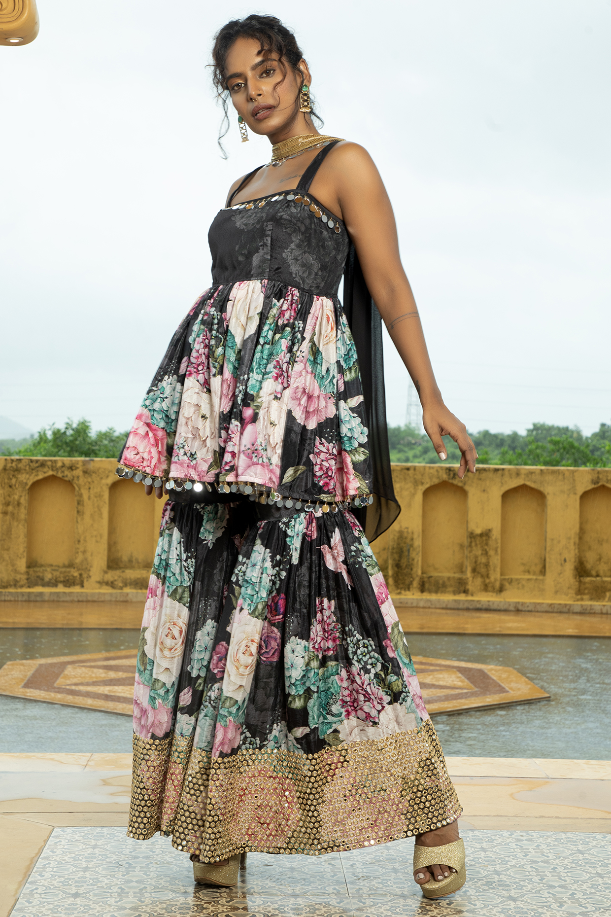Black Georgette Floral Printed & Foil Work Sharara Set For Girls by Mei & Zu at Pernia's Pop Up Shop