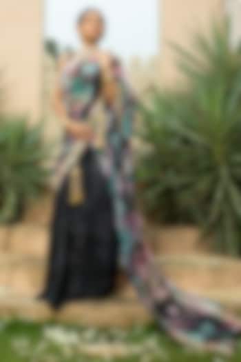 Black Georgette Floral Printed & Embroidered Saree Set For Girls by Mei & Zu at Pernia's Pop Up Shop