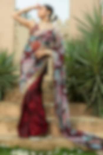 Maroon Georgette Floral Printed & Embroidered Saree Set For Girls by Mei & Zu at Pernia's Pop Up Shop