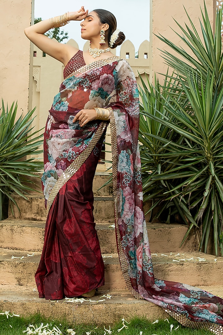 Maroon Georgette Floral Printed & Embroidered Saree Set For Girls by Mei & Zu at Pernia's Pop Up Shop