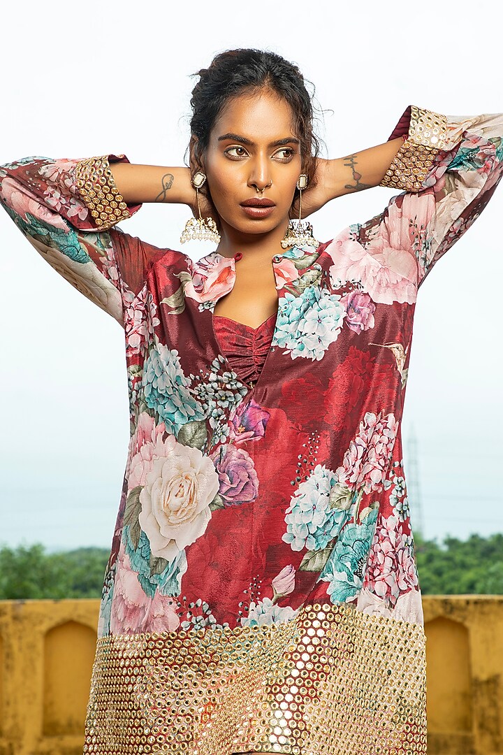 Maroon Georgette Floral Printed Mini Dress For Girls by Mei & Zu at Pernia's Pop Up Shop