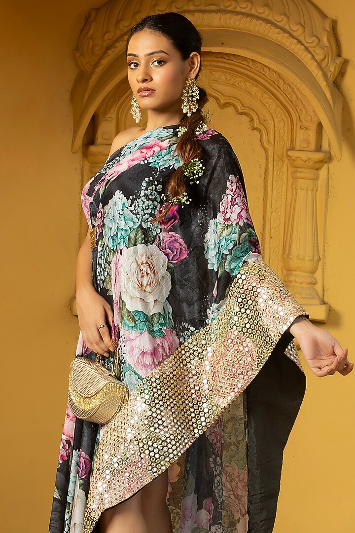 Black Georgette Floral Printed One-Shoulder Asymmetrical Dress For Girls by Mei & Zu at Pernia's Pop Up Shop