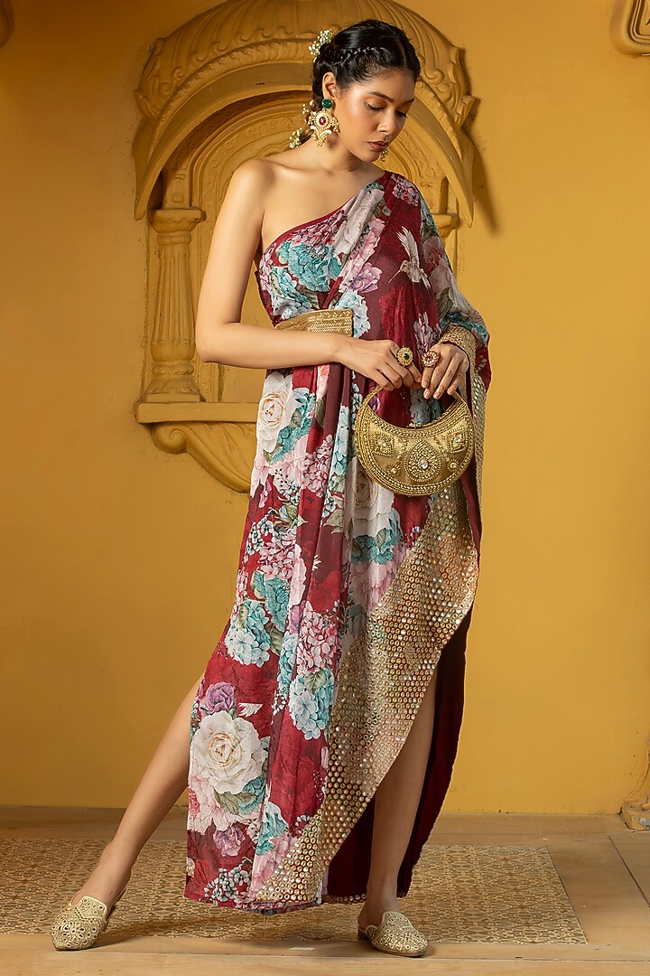 Maroon Georgette Floral Printed One-Shoulder Asymmetrical Dress For Girls by Mei & Zu at Pernia's Pop Up Shop