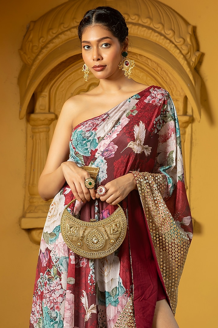 Maroon Georgette Floral Printed One-Shoulder Asymmetrical Dress For Girls by Mei & Zu at Pernia's Pop Up Shop