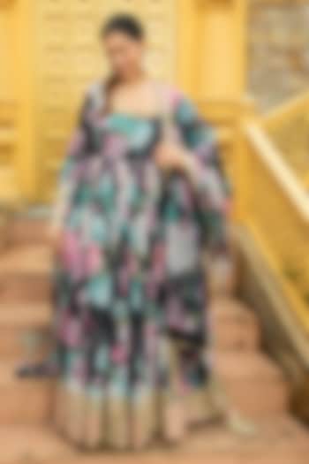 Black Georgette Printed & Embroidered Anarkali Set For Girls by Mei & Zu at Pernia's Pop Up Shop