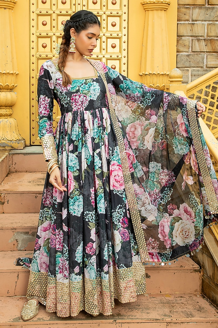 Black Georgette Printed & Embroidered Anarkali Set For Girls by Mei & Zu at Pernia's Pop Up Shop
