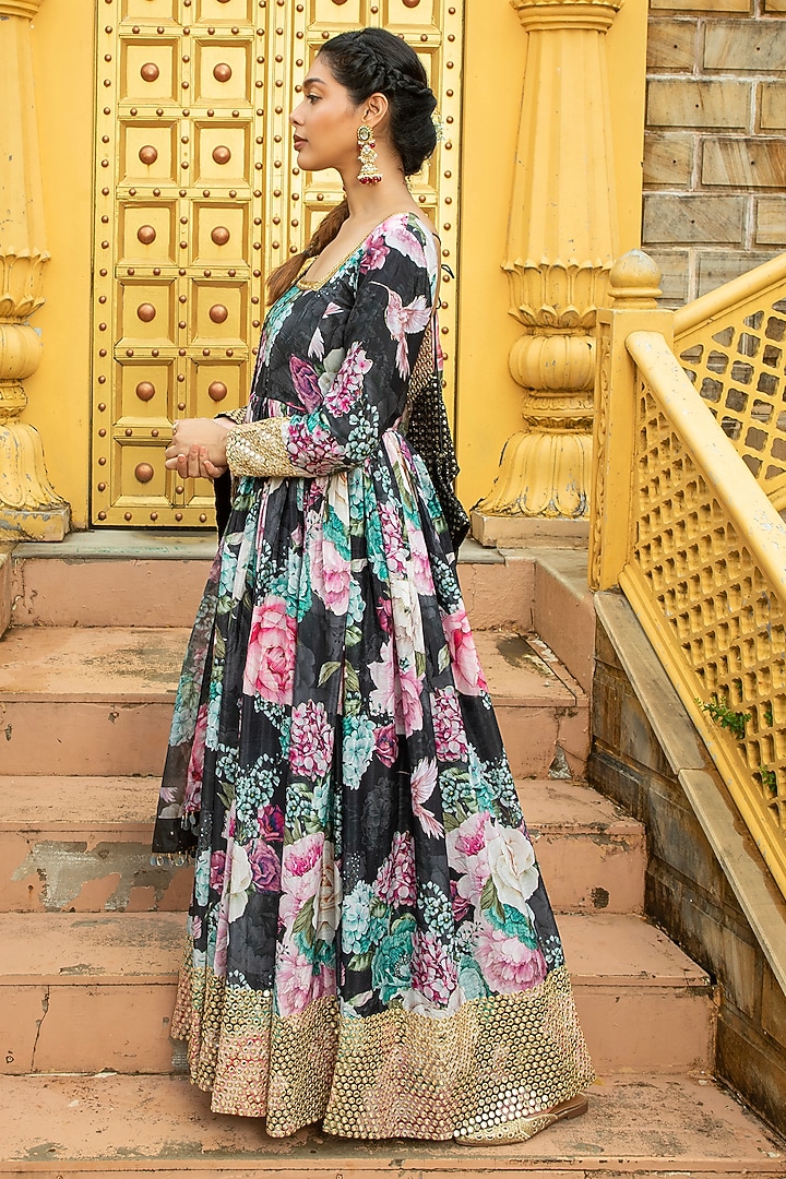 Black Georgette Printed & Embroidered Anarkali Set For Girls by Mei & Zu at Pernia's Pop Up Shop
