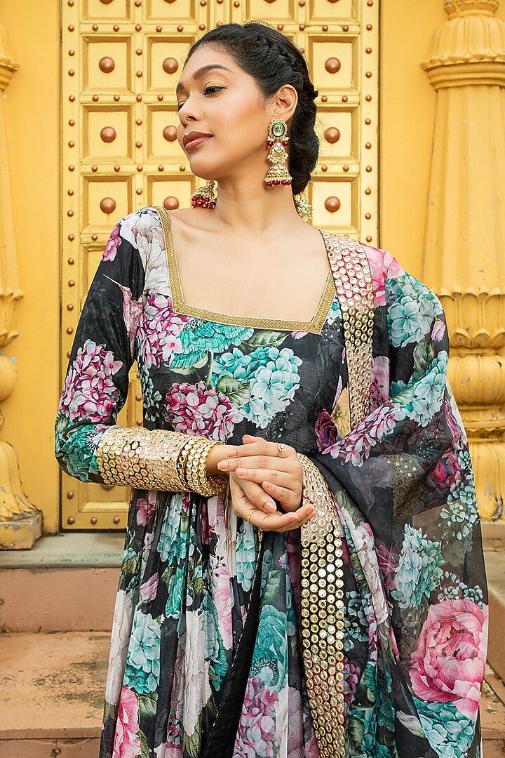 Black Georgette Printed & Embroidered Anarkali Set For Girls by Mei & Zu at Pernia's Pop Up Shop