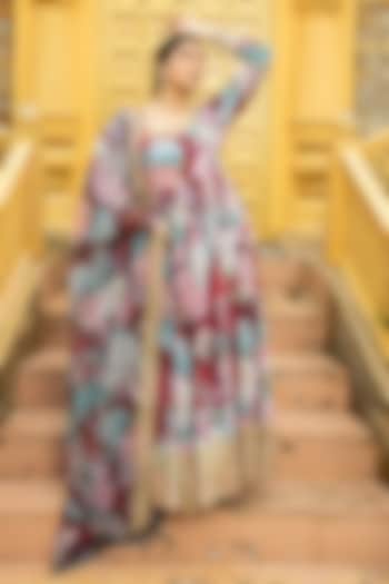 Maroon Georgette Printed & Embroidered Anarkali Set For Girls by Mei & Zu at Pernia's Pop Up Shop