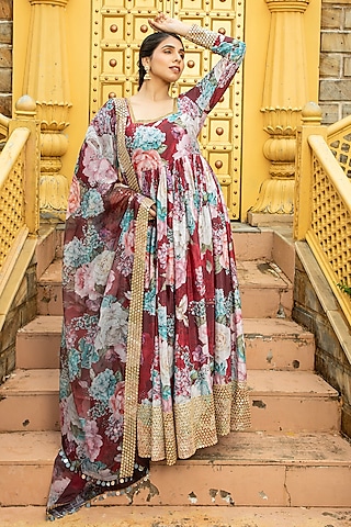 Maroon Georgette Printed & Embroidered Anarkali Set For Girls by Mei & Zu