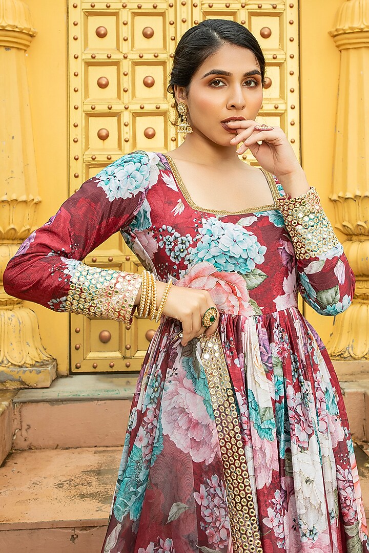 Maroon Georgette Printed & Embroidered Anarkali Set For Girls by Mei & Zu at Pernia's Pop Up Shop