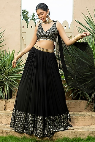 Black Georgette Embroidered Lehenga Set For Girls by Mei & Zu