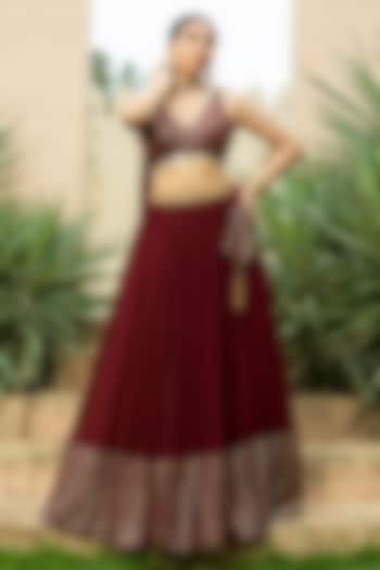 Maroon Georgette Embroidered Lehenga Set For Girls by Mei & Zu at Pernia's Pop Up Shop