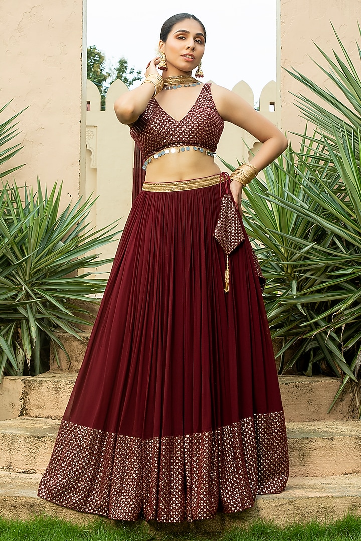 Maroon Georgette Embroidered Lehenga Set For Girls by Mei & Zu at Pernia's Pop Up Shop