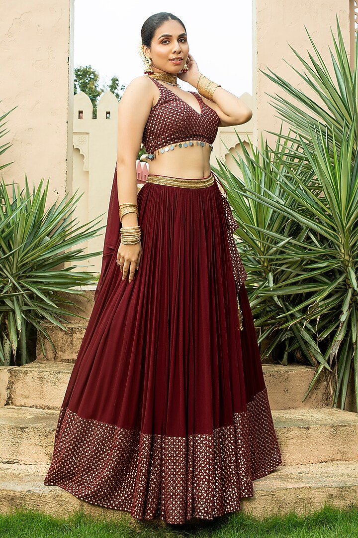 Maroon Georgette Embroidered Lehenga Set For Girls by Mei & Zu at Pernia's Pop Up Shop