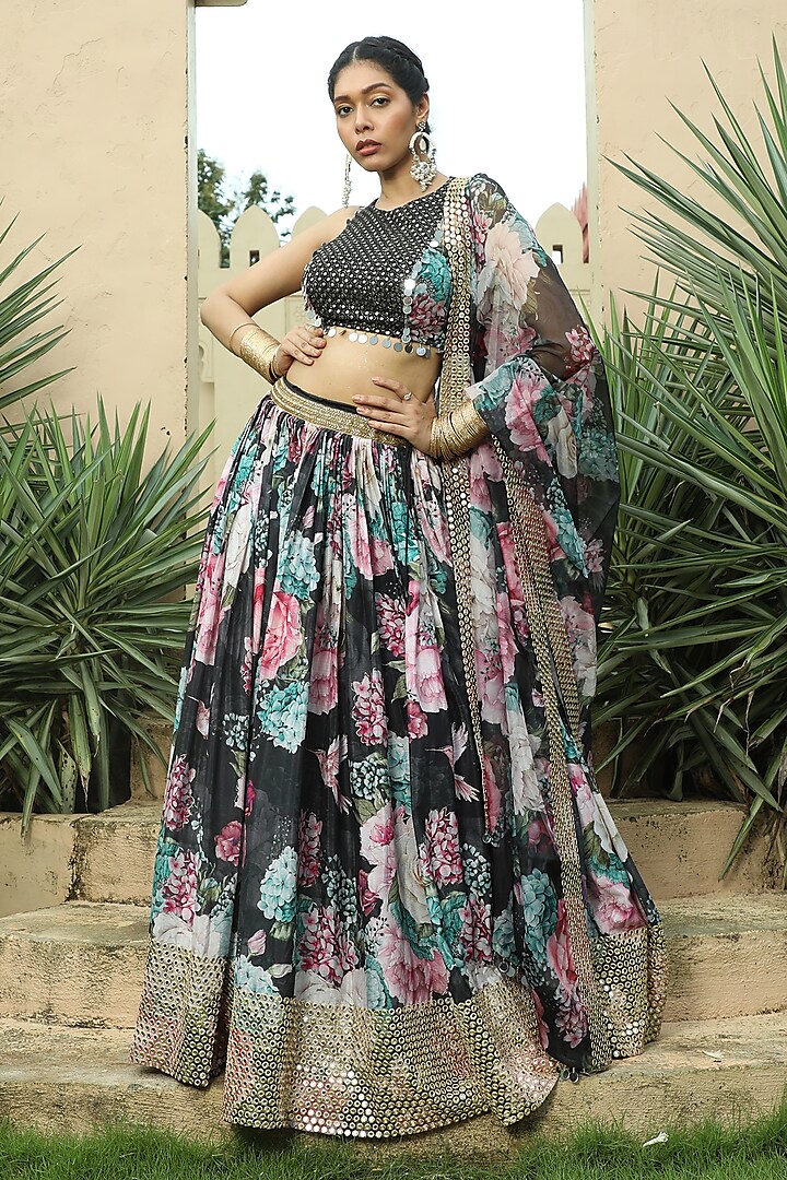 Black Georgette Printed & Embellished Lehenga Set For Girls by Mei & Zu at Pernia's Pop Up Shop
