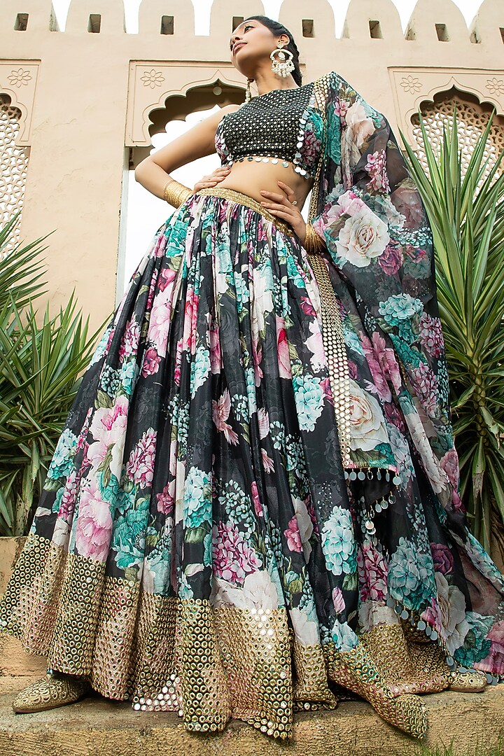 Black Georgette Printed & Embellished Lehenga Set For Girls by Mei & Zu at Pernia's Pop Up Shop