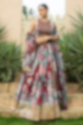 Maroon Georgette Printed & Embellished Lehenga Set For Girls by Mei & Zu at Pernia's Pop Up Shop