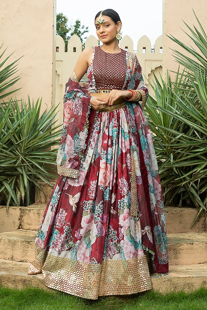 Maroon Georgette Printed & Embellished Lehenga Set For Girls by Mei & Zu at Pernia's Pop Up Shop
