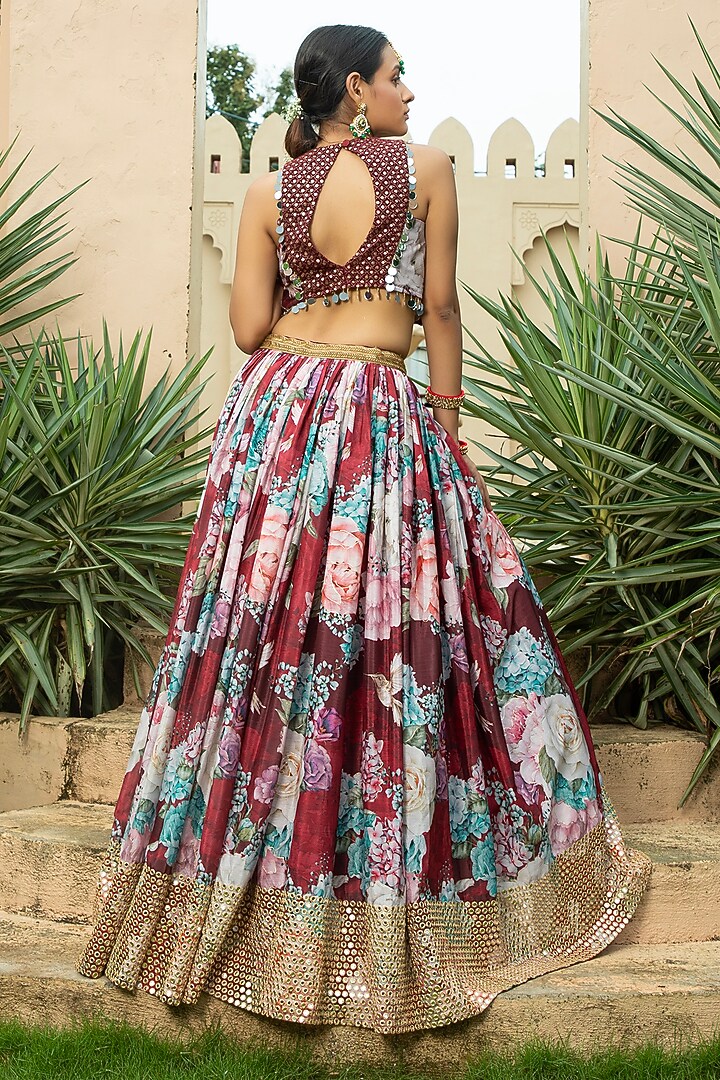 Maroon Georgette Printed & Embellished Lehenga Set For Girls by Mei & Zu at Pernia's Pop Up Shop