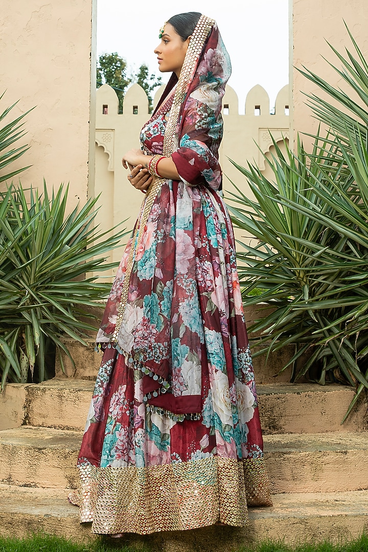 Maroon Georgette Printed & Embellished Lehenga Set For Girls by Mei & Zu at Pernia's Pop Up Shop