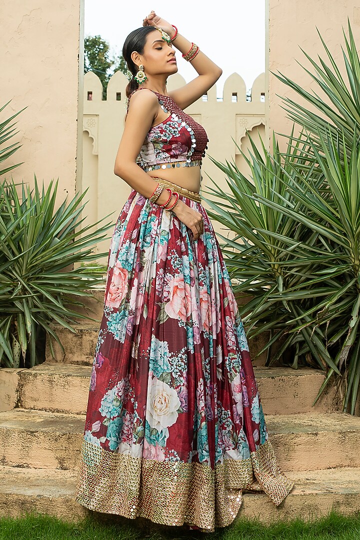 Maroon Georgette Printed & Embellished Lehenga Set For Girls by Mei & Zu at Pernia's Pop Up Shop