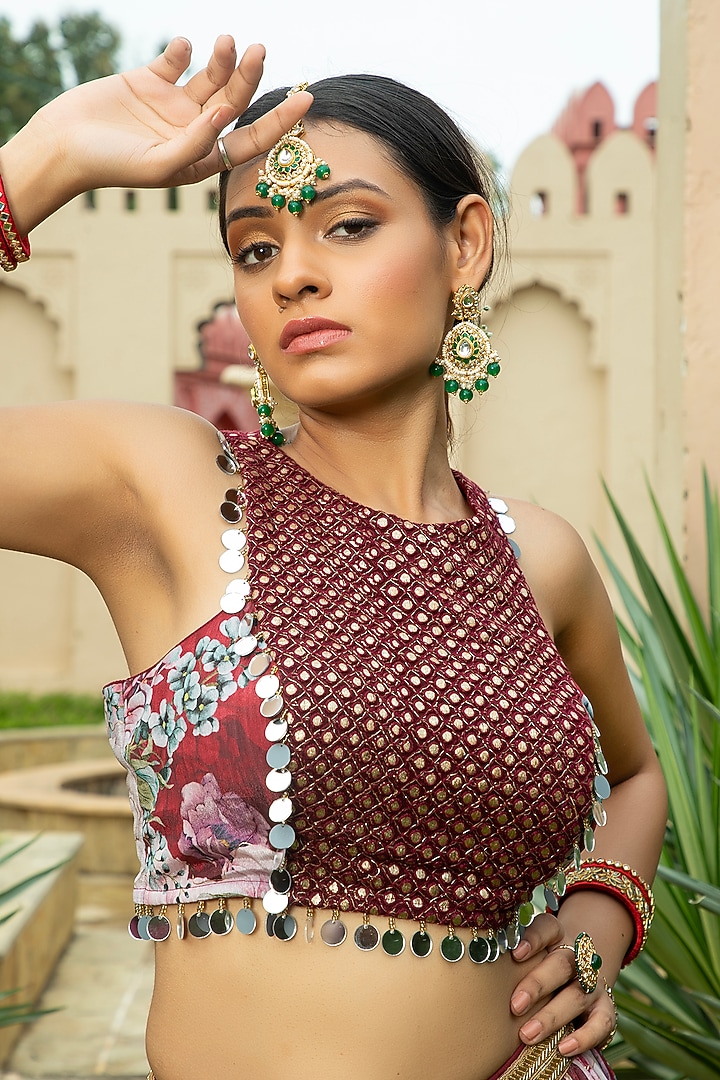 Maroon Georgette Printed & Embellished Lehenga Set For Girls by Mei & Zu at Pernia's Pop Up Shop