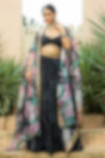 Black Georgette Embroidered Tiered Jacket Lehenga Set For Girls by Mei & Zu at Pernia's Pop Up Shop