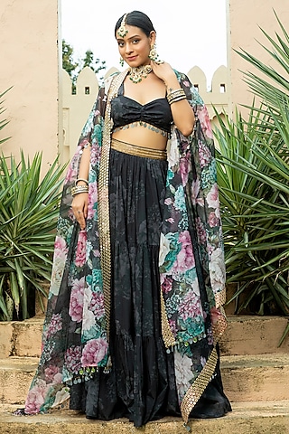 Black Georgette Embroidered Tiered Jacket Lehenga Set For Girls by Mei & Zu
