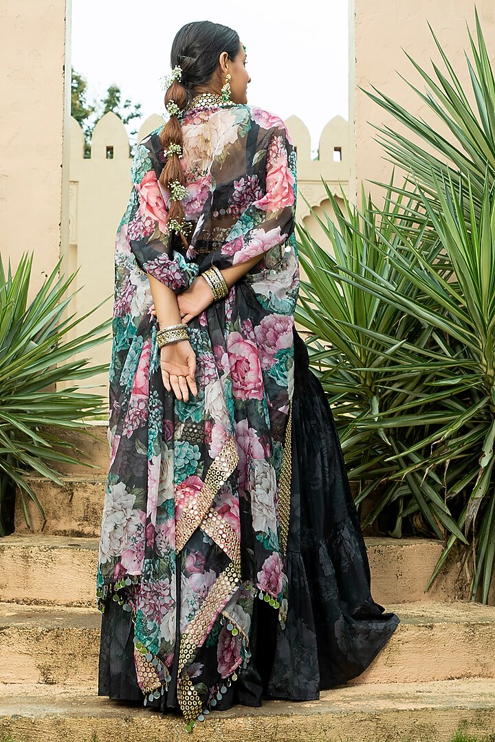 Black Georgette Embroidered Tiered Jacket Lehenga Set For Girls by Mei & Zu at Pernia's Pop Up Shop