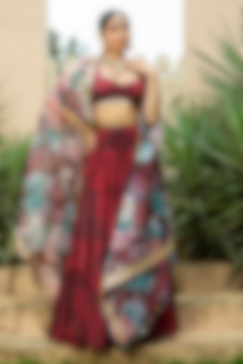 Maroon Georgette Embroidered Tiered Jacket Lehenga Set For Girls by Mei & Zu at Pernia's Pop Up Shop