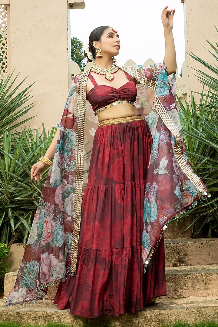 Maroon Georgette Embroidered Tiered Jacket Lehenga Set For Girls by Mei & Zu at Pernia's Pop Up Shop