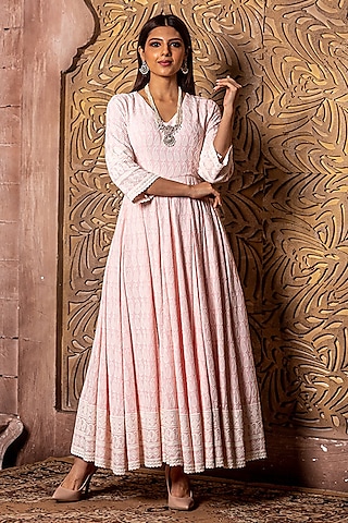 Pink Rayon Chikankari Embroidered Kalidar Anarkali Set For Girls by Mei & Zu
