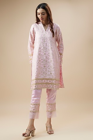 Blush Pink Brocade Lace Kurta Set For Girls by Mei & Zu