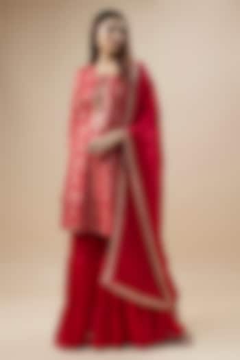 Bright Red Satin Silk Sharara Set For Girls by Mei & Zu at Pernia's Pop Up Shop