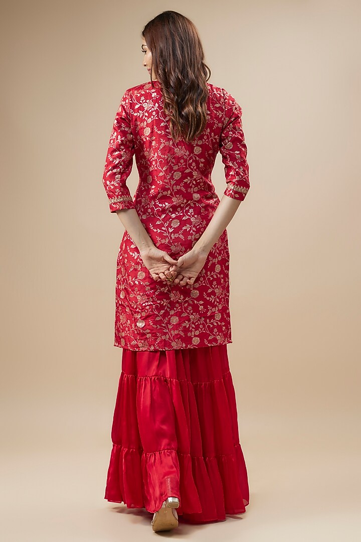 Bright Red Satin Silk Sharara Set For Girls by Mei & Zu at Pernia's Pop Up Shop