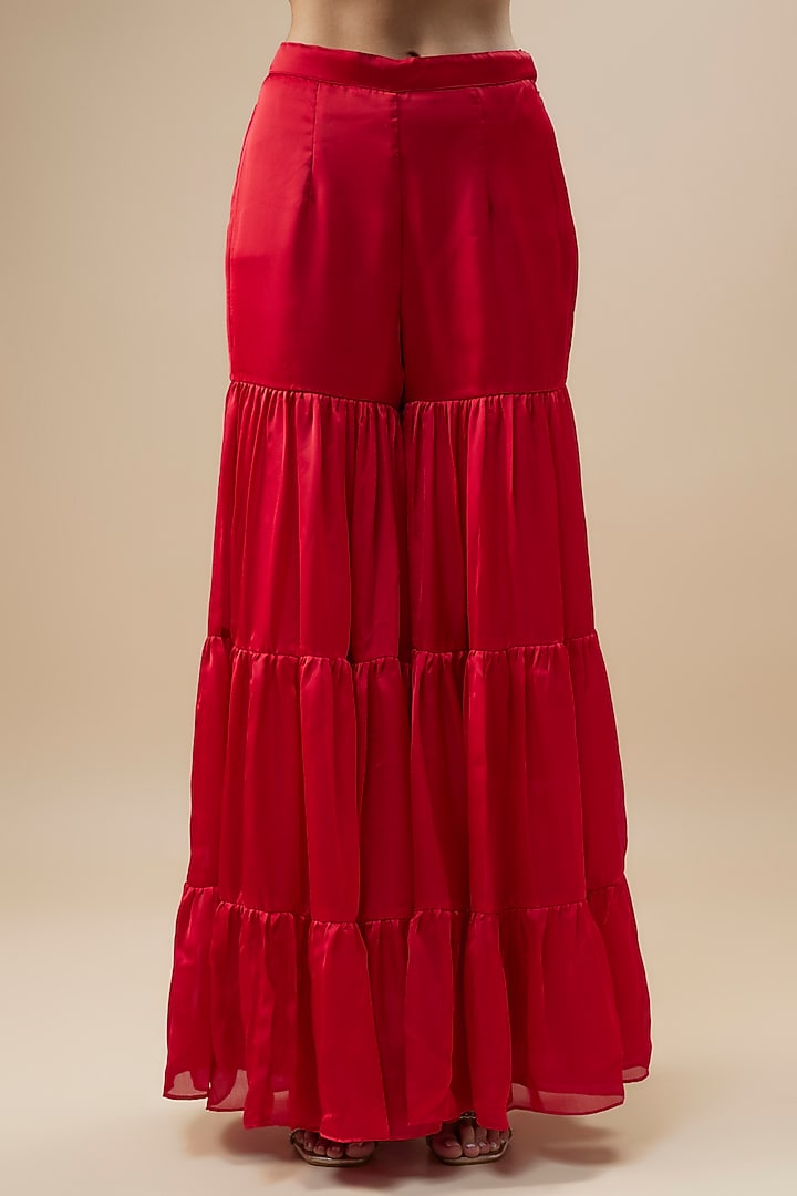 Bright Red Satin Silk Sharara Set For Girls by Mei & Zu at Pernia's Pop Up Shop