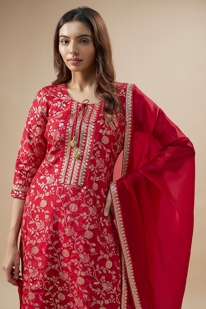 Bright Red Satin Silk Sharara Set For Girls by Mei & Zu at Pernia's Pop Up Shop