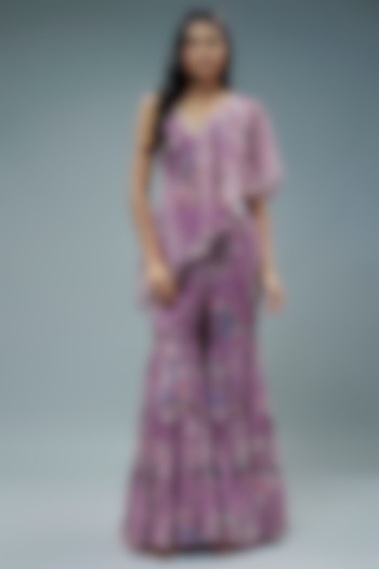 Lilac Organza Ruffled Pre-Draped Sharara Saree Set For Girls by Mei & Zu at Pernia's Pop Up Shop