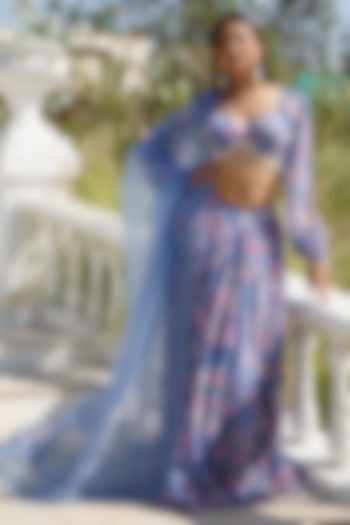 Blue Georgette Floral Printed Lehenga Set For Girls by Mei & Zu at Pernia's Pop Up Shop