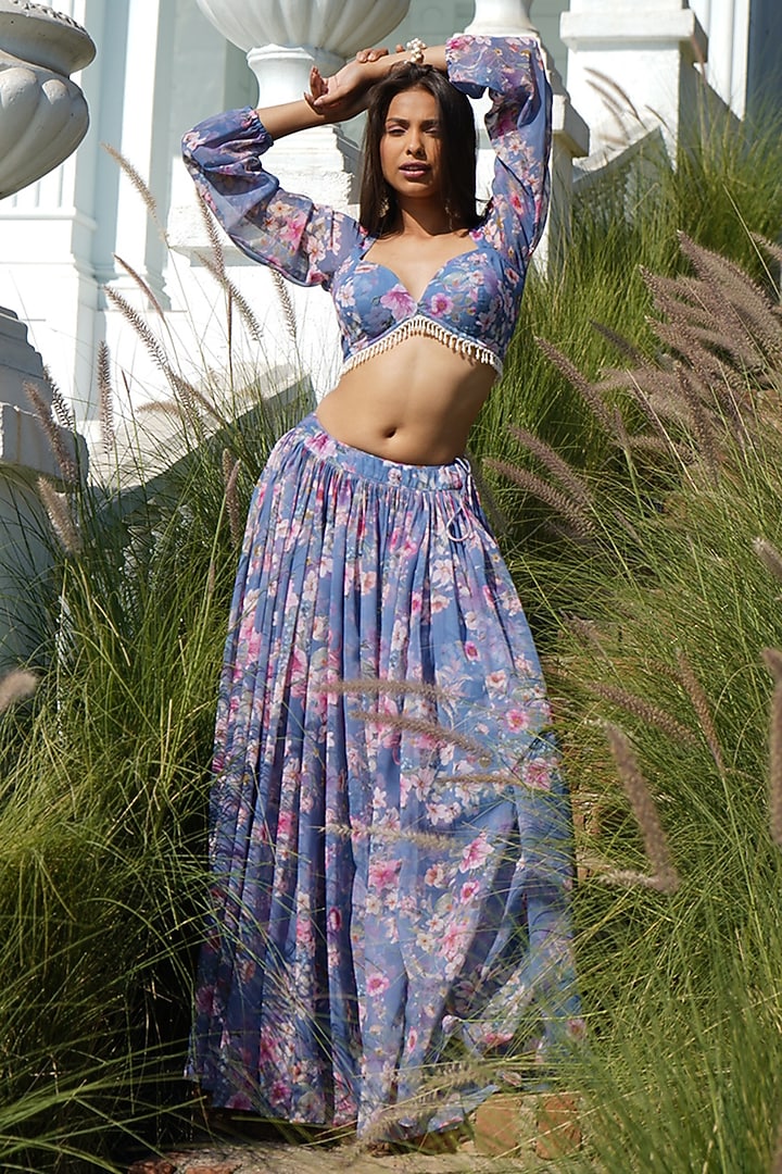 Blue Georgette Floral Printed Lehenga Set For Girls by Mei & Zu at Pernia's Pop Up Shop