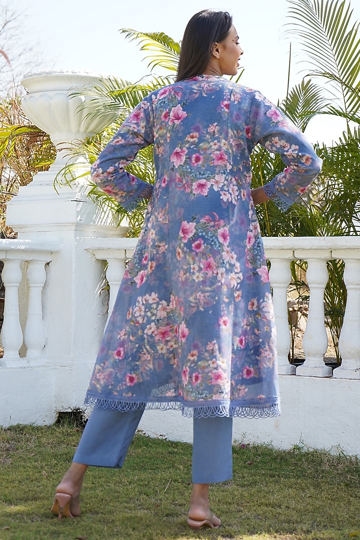Blue Linen Floral Printed Kurta Set For Girls by Mei & Zu at Pernia's Pop Up Shop
