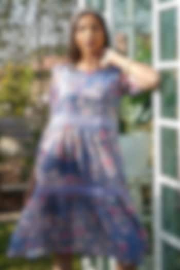 Blue Linen Floral Printed A-Line Dress For Girls by Mei & Zu at Pernia's Pop Up Shop
