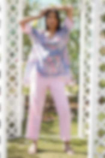 Blue Linen Floral Printed Kaftan Set For Girls by Mei & Zu at Pernia's Pop Up Shop